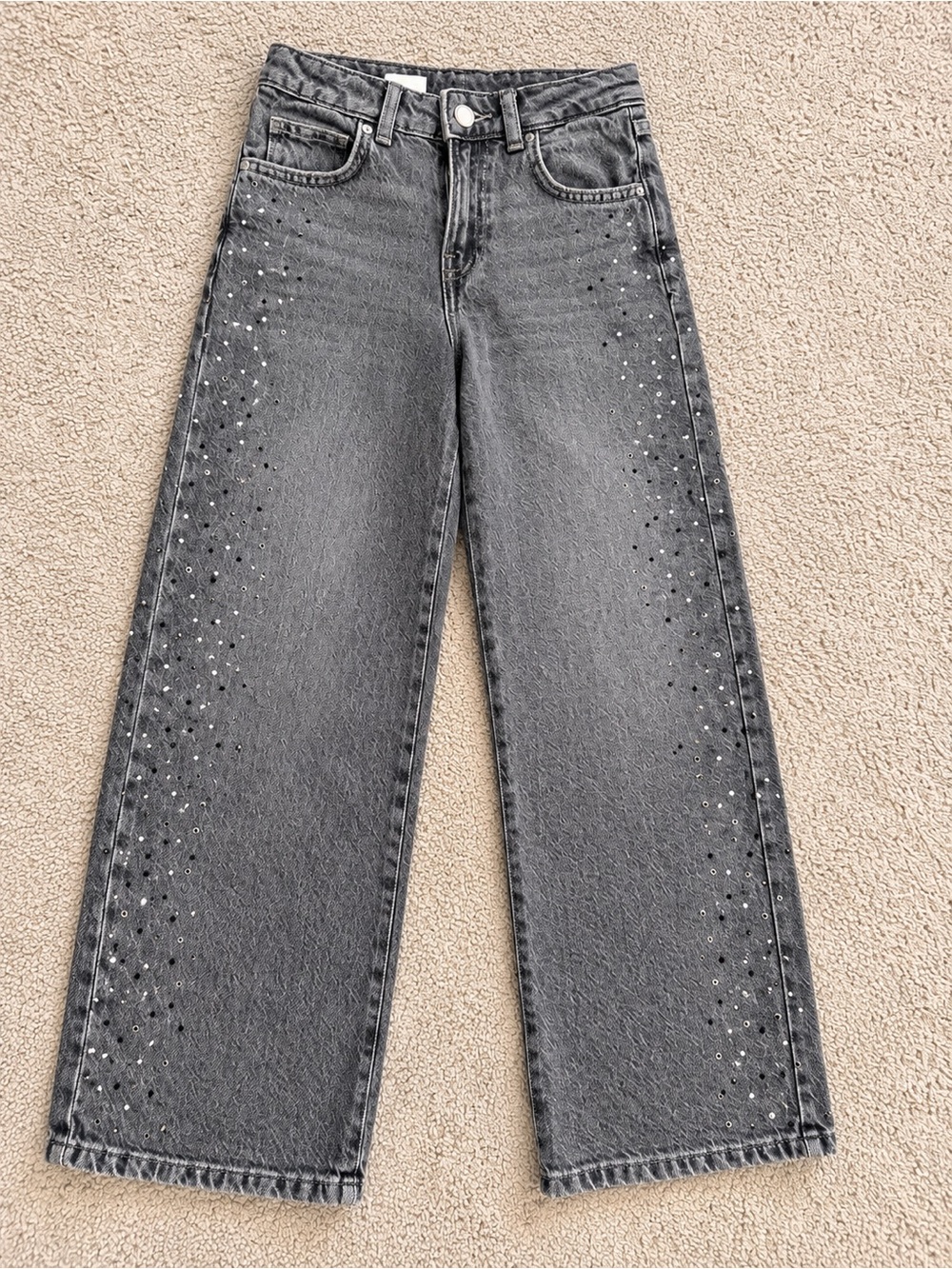 Zara Girls Gray Straight-Leg Jeans with Side Studs